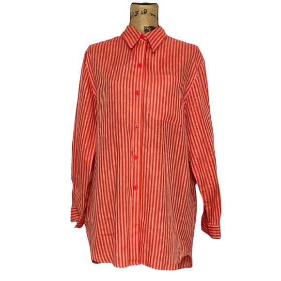 Liz Claiborne Tops - Liz Claiborne Orange Striped Long Sleeve Linen Button-Down Tunic Cover-Up